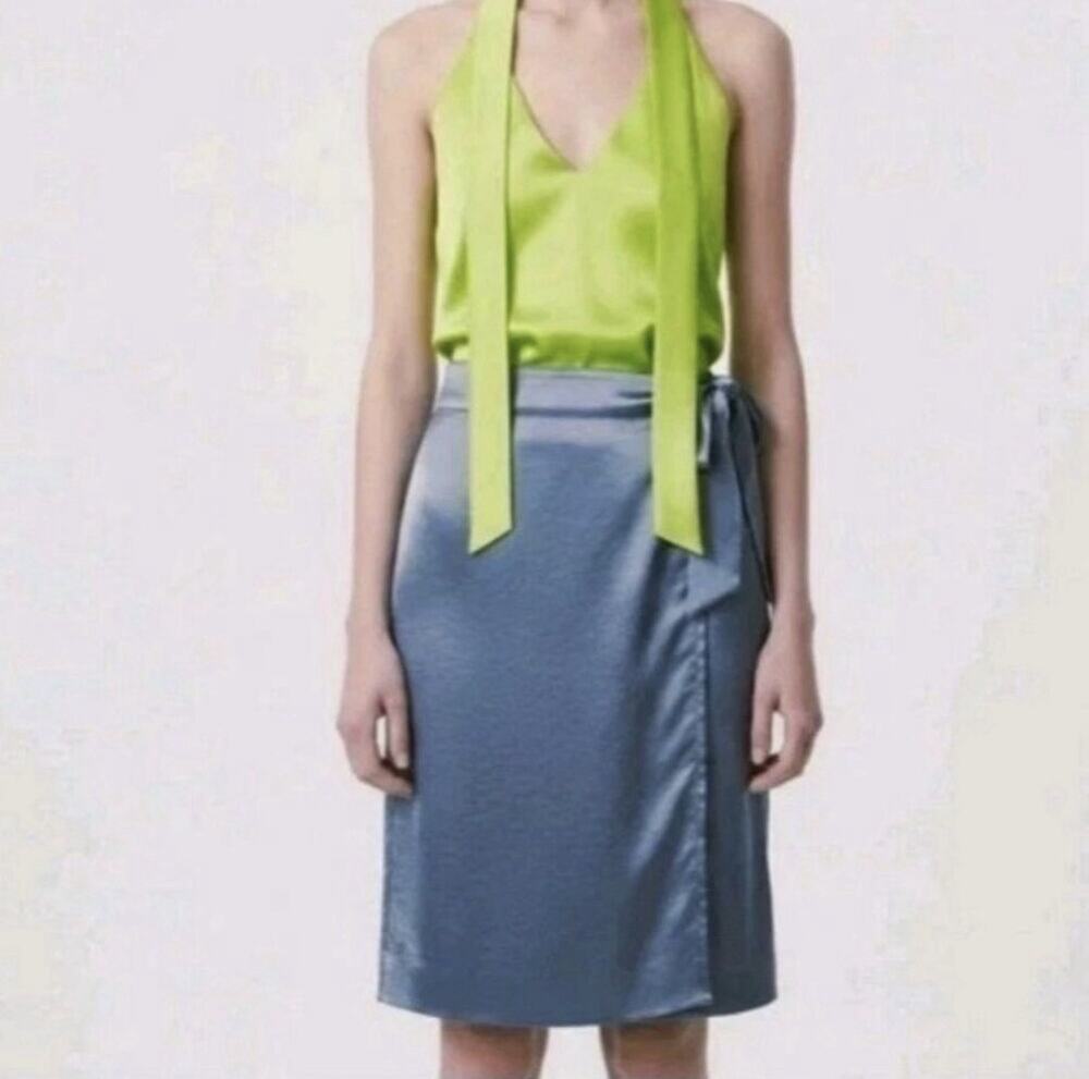 Wildfang Empower Satin Wrap Skirt Womens Medium Periwinkle Blue Midi NWT